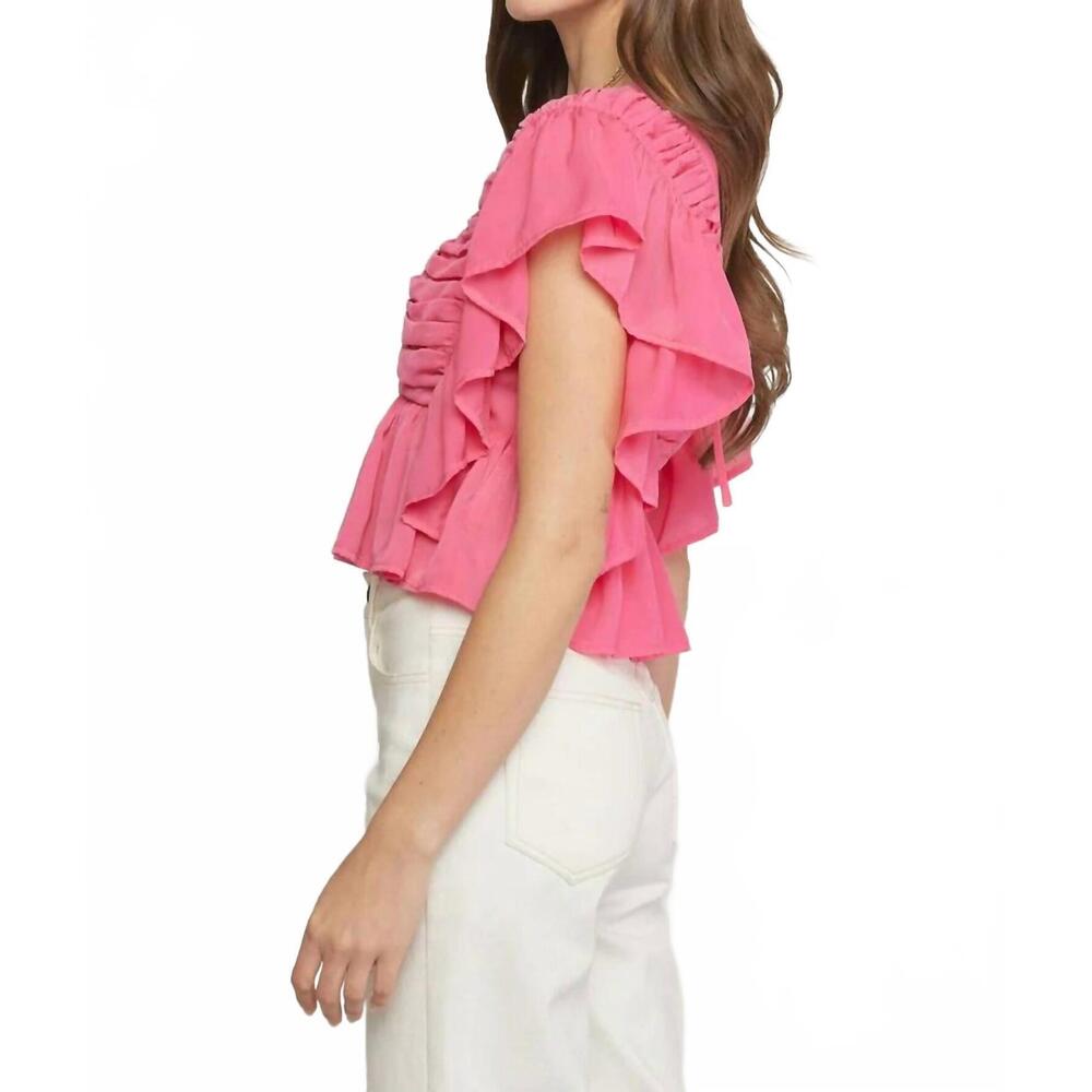 NEW ENTRO solid v-neck butterfly sleeve top in pink - Picture 4 of 8